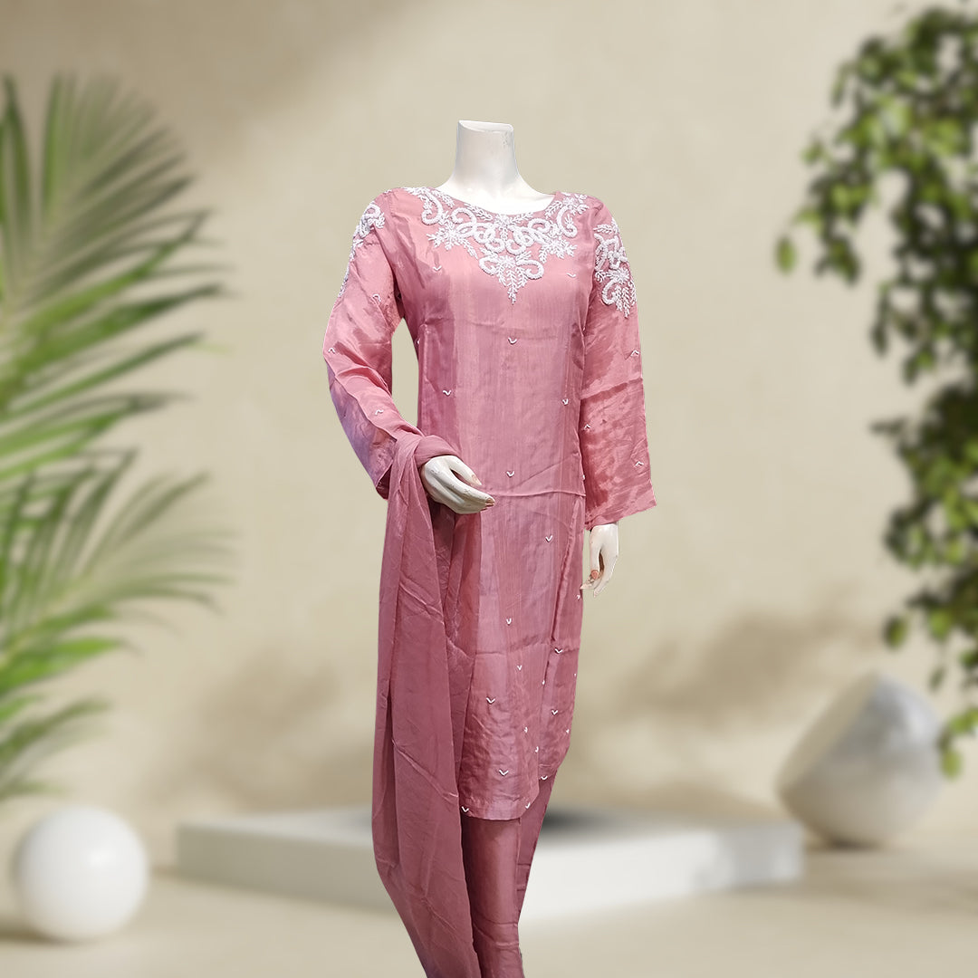 Raw Silk | Mahogany Pink | 3-Piece Outfit | Stitched - Orchid Pretline