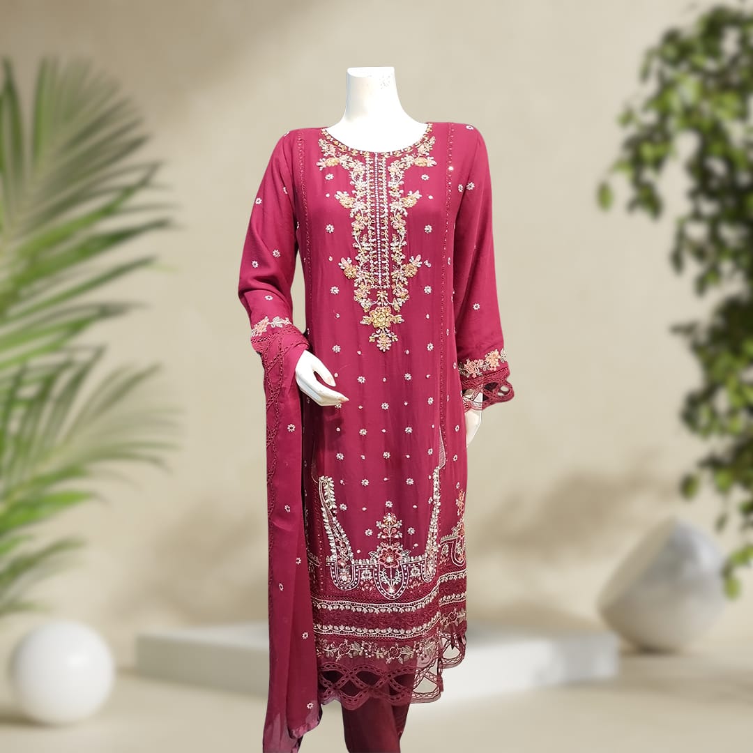 Majestic 3-Piece Chiffon Suit - Embroidered & Stitched | Orchid Pretline