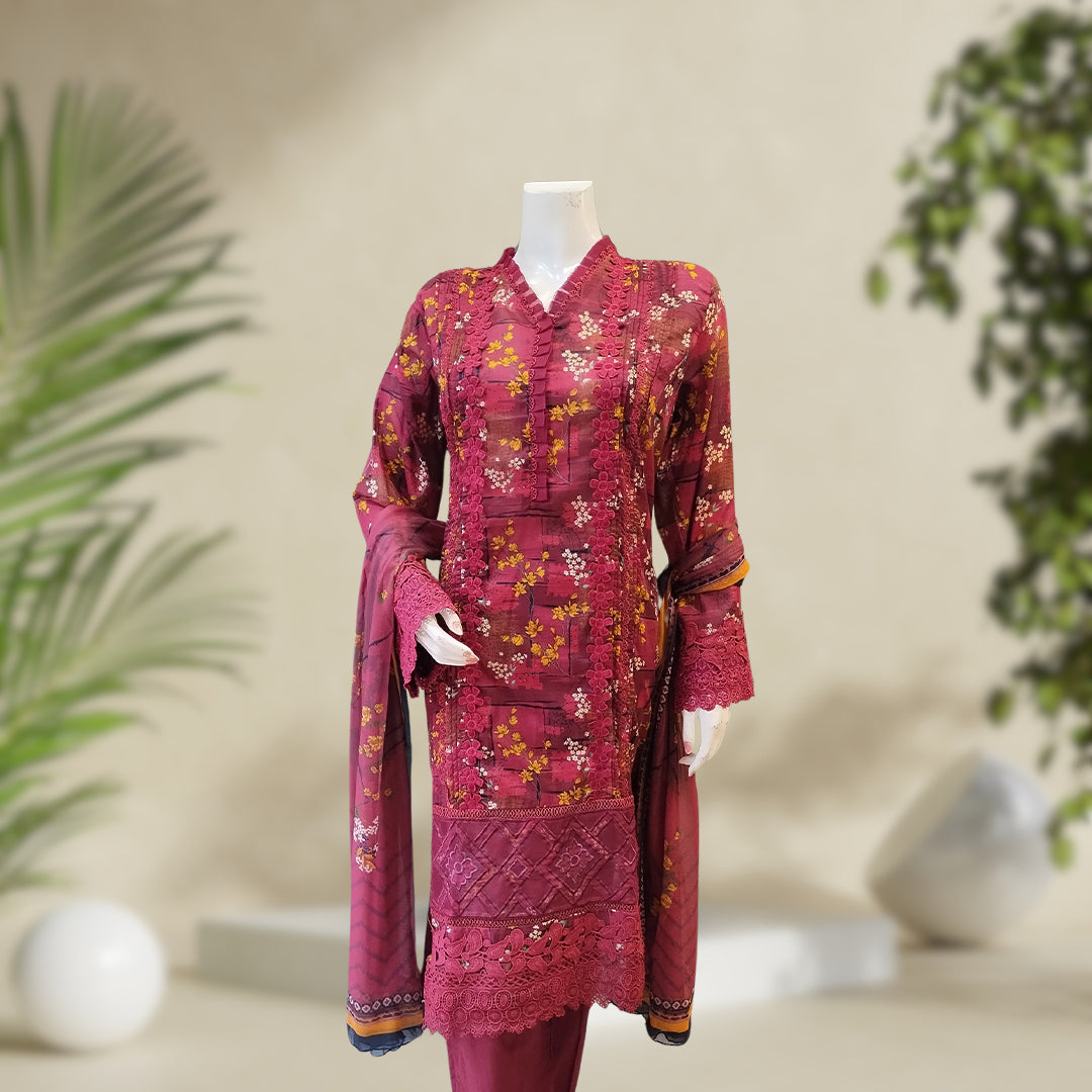 Lawn Suit | Rania Maroon | 3-Piece Suit | Embroidered | Stitched - Orchid Pretline