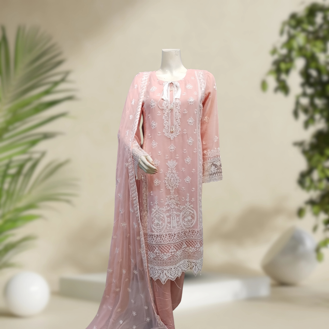 Premium Floor 3-Piece Chiffon Suit - Embroidered & Stitched | Orchid Pretline