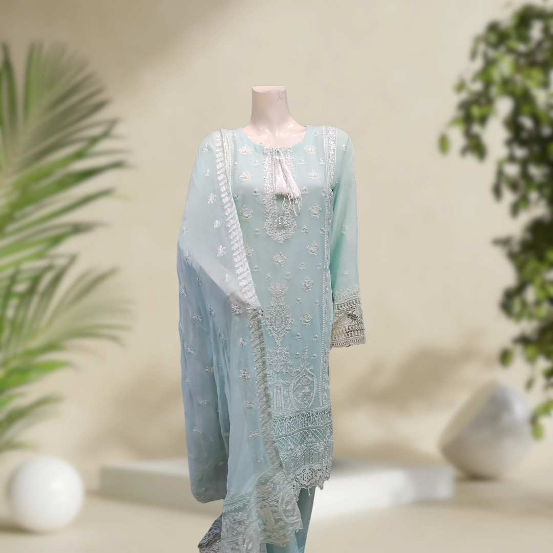 Premium Floor 3-Piece Chiffon Suit - Embroidered & Stitched | Orchid Pretline