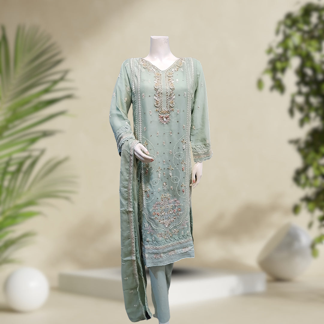 Serene Green 3-Piece Pure Chiffon Suit - Embroidered & Stitched | Orchid Pretline