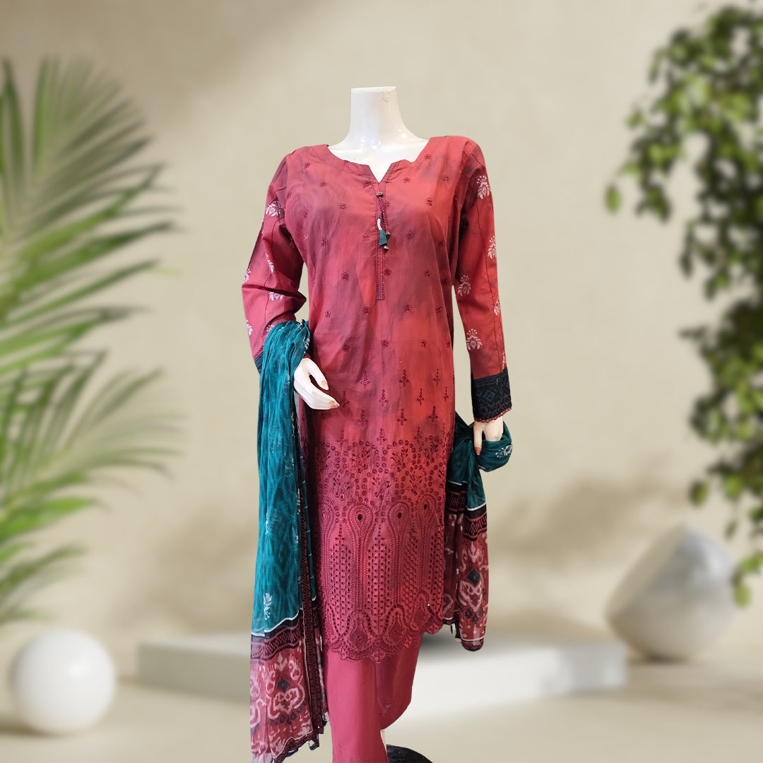 Lawn Suit | Chikankari Maroon | 3-Piece  | Stitched – Orchid Pretline