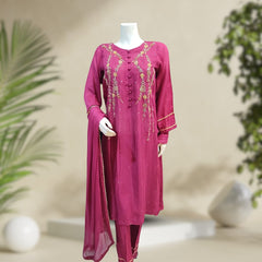 Raw Silk | Peherwas Magenta | 3-Piece Suit | Stitched - Orchid Pretline