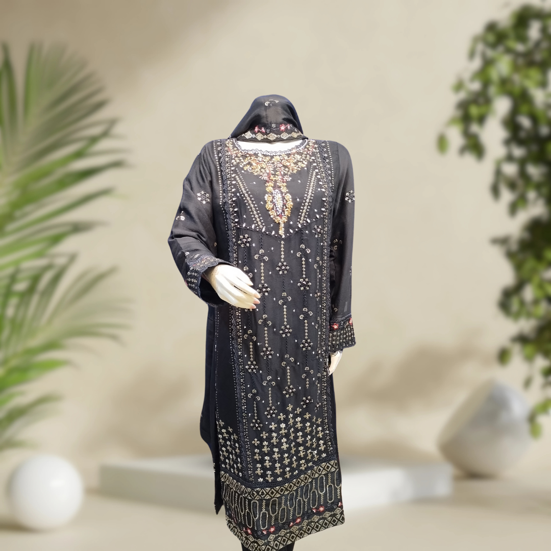 Premium Agha Noor-Inspired Pure Chiffon 3-Piece Ensemble – A Luxurious Choice for Formal Events