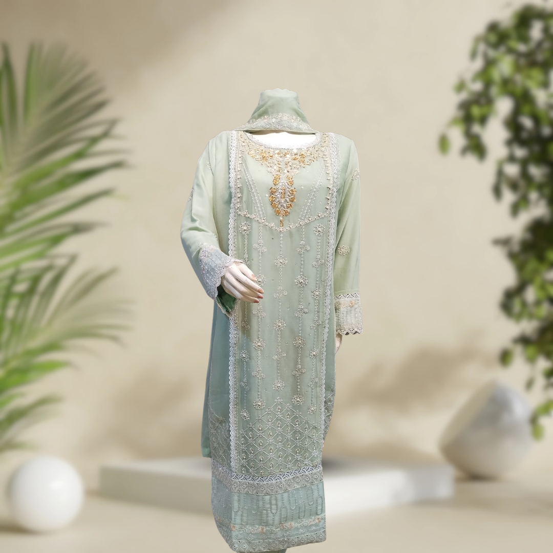 Premium Agha Noor-Inspired Pure Chiffon 3-Piece Ensemble – A Luxurious Choice for Formal Events