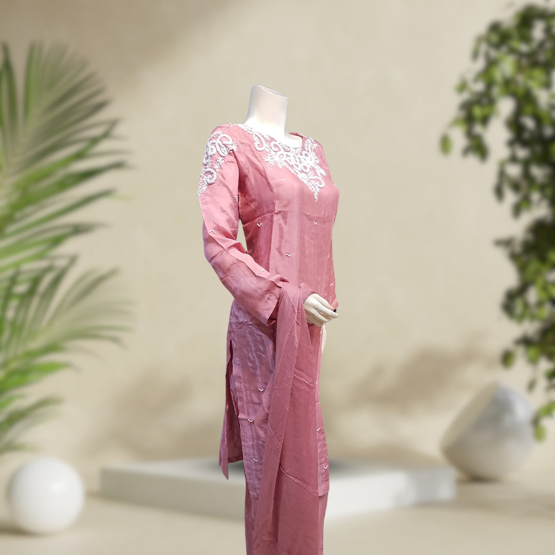 Raw Silk | Mahogany Pink | 3-Piece Outfit | Stitched - Orchid Pretline